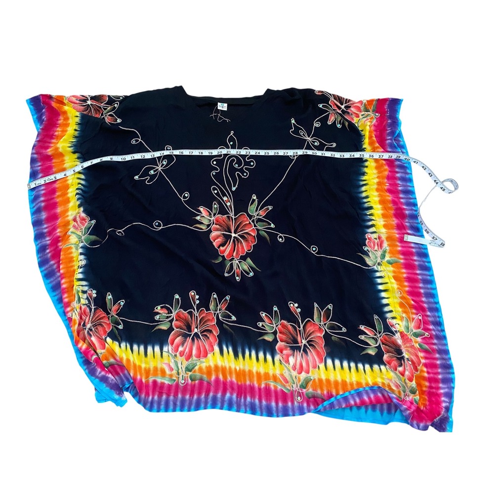 Island Planet Beaded Embroidered Floral Tie Dye Sequin Black Kaftan Cover Up‎ OS - Picture 6 of 10